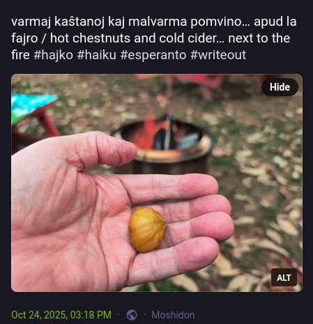 varmaj kaŝtanoj kaj malvarma pomvino… apud la fajro / hot chestnuts and cold cider… next to the fire #hajko
 #haiku
 #esperanto
 #writeout
