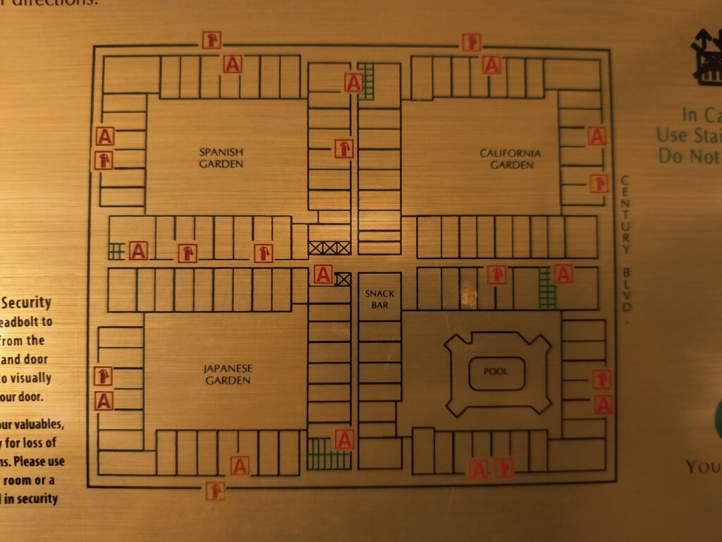 hotel plan showing pool and three gardens: California, Japanese, and Spanish.